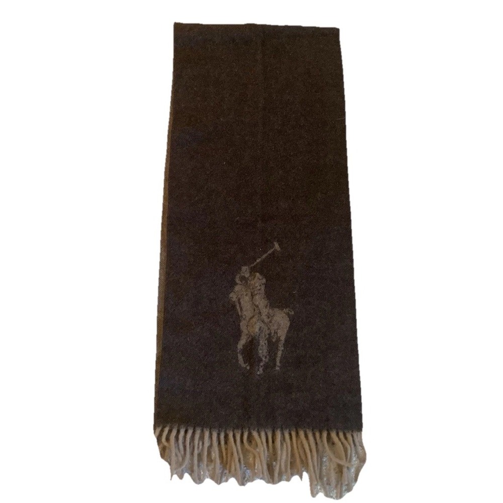 Polo Ralph Lauren Vintage Scarf Mens Brown 100% Lambswool Fringed Italy 56"/12"
